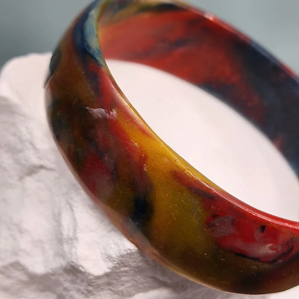 Multicolor Swirl Resin Wide Bangle Bracelet Red Amber Navy Chunky Statement